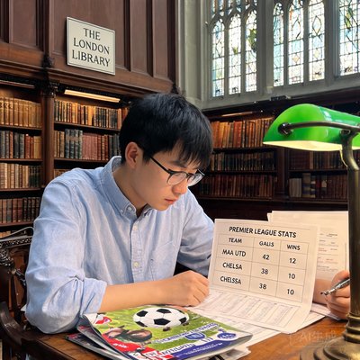 数据研究员小陈在伦敦图书馆查阅足球统计资料