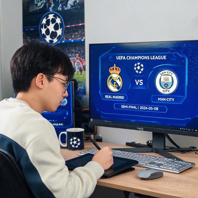 UI设计师阿星在电脑前绘制欧冠主题界面